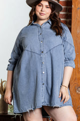 Light blue denim dress with 3/4 sleeves and buttoned on the front, large size
