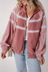 Rose - Lace Patchwork Sherpa Zip Up Jacket with Elastic Cuffs and Zipper