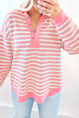 Pink striped high button and v * collar