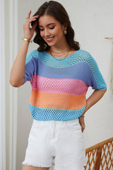 High-sleeved sleeve row knitted with sky blue eyelets