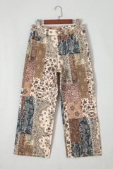 Khaki Patchwork Print Casual Shift Jeans