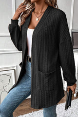Cardigan noir ouvert sur le devant avec poches latérales en tricot texturé-A WOMAN WE LOVE