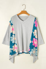 Haut bas surdimensionné à coutures exposées et patchwork de fleurs vertes