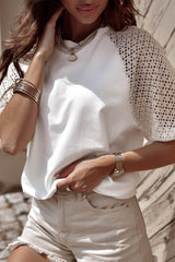 White t-shirt with mid-long sleeves and round lace neck