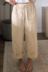 Pantalon abricot rayé en coton à cordon et poches devant