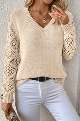 Jet Stream Solid V Neck Pointelle Knit Sleeve Patchwork Sweater