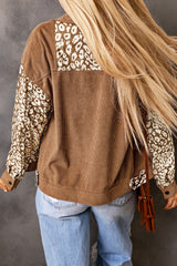Brown leopard print corduroy long sleeve jacket