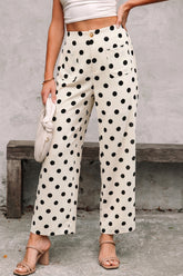 Pantalon droit taille mi-haute blanc à imprimé à pois noir