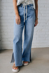 Jean à taille haute avec cordon de serrage bleu