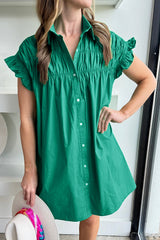Bright green buttoned short dress with ruffled sleeves and ruched detail