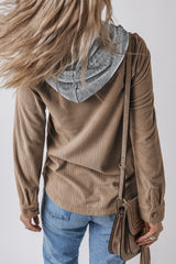 Pale khaki corduroy jacket with hood and drawstring pockets