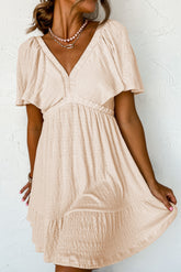 Beige Textured Deep V-Neck Cutout Back Mini Dress