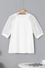 White t-shirt with mid-long sleeves and round lace neck