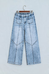 Beau Blue Frayed Studded Detail Wide Leg Pocketed Jeans