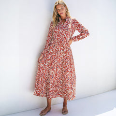 Orange Abstract Print V-Neck High Waist Pleated Midi Dress