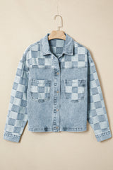 Veste en jean bleu délavé à damier et épaules tombantes