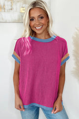 T-shirt with round neck and contrasting border textured bright pink