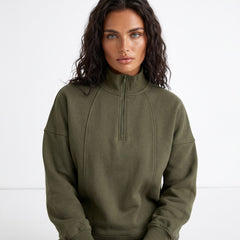 Sweat-shirt à col zippé et épaules tombantes vert jungle