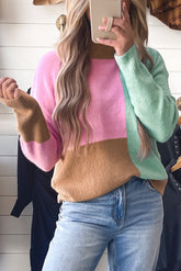 Multicolored sweater with high neck and color block ribbed trim