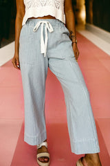 Jean à cordon de taille moyenne à rayures bleu ciel