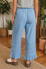 Pantalon large bleu en chambray à volants, 100 % coton