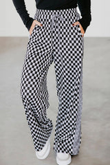 Pantalon décontracté à damier blanc avec cordon de serrage à la taille