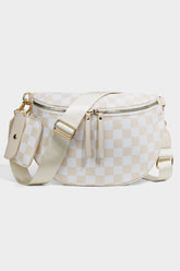 Sac d’épaule blanc à damier en toile, forme croissant et pochette amovible