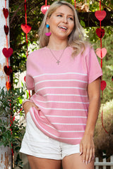 Pink Striped Ribbed Loose T-Shirt