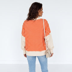 Sweat-shirt à rayures orange et blocs de couleur, coupe ample, col et épaules tombantes