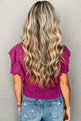 Suéter de tejido texturizado con mangas cortas y volar morado