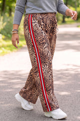Pantalon large marron léopard grande taille à bandes latérales contrastées