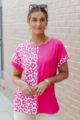 Short sleeve top in pink half-leopard patchwork