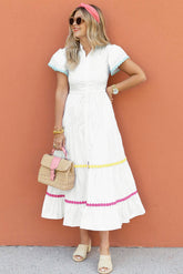 White Short Sleeve Maxi Dress with Drawstring Waist and Color Block Rickrack Trim