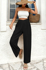 Pantalon ample texturé de couleur unie, couleur noir, taille croisée