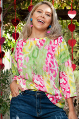 Camiseta de punto de ronda redonda multicolor en bloque de color de leopardo de gran tamaño