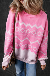 Western Aztec Geometric Drop Shoulder Pink Sweater