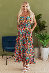 Robe longue noire à imprimé floral bohème à fines bretelles sans manches et taille haute