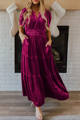 Robe longue en velours Dahlia rouge à manches courtes et taille froncée à plusieurs niveaux
