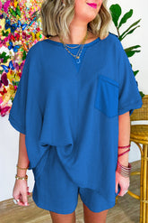 Ensemble t-shirt et short oversize en tricot gaufré bleu ciel-A WOMAN WE LOVE