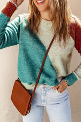 Multicolor sweater with round neck and ribbed border color block