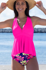 Ensemble tankini floral rose à col en V et ourlet à volants-A WOMAN WE LOVE