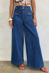 Pantalon en denim à jambe large avec poches plaquées et décor de quincaillerie bleu voile