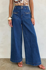 Pantalon en denim à jambe large avec poches plaquées et décor de quincaillerie bleu voile