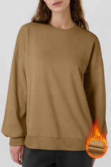 Solid camel fleece lined sweatshirt with dropped shoulders, top and bottom
