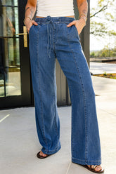 Jean large bleu à cordon de serrage, longueur entière