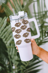 Valentine White Leopard Lip Thermos Thermos Lips con paja de 40 oz
