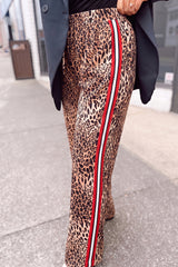 Pantalon large marron léopard grande taille à bandes latérales contrastées