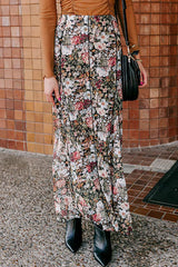 Falda de cintura alta larga con estampado floral marrón