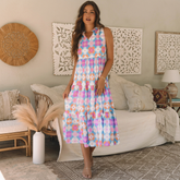 Vestido largo y estampado floral azul de manga en varios niveles