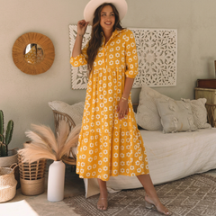 Robe chemise longue jaune fleurie à manches bracelet